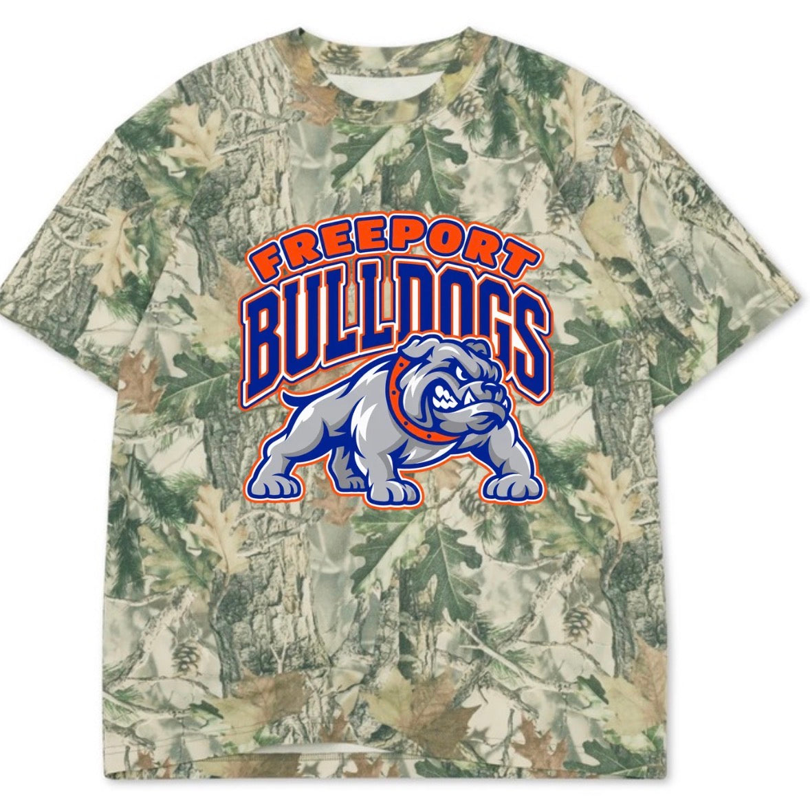 Freeport Bulldogs boxy premium wood camo tee (youth XS-Adult 3XL)