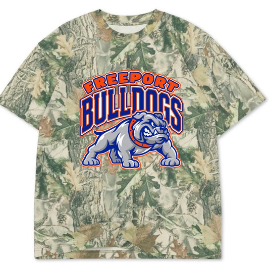 Freeport Bulldogs boxy premium wood camo tee (youth XS-Adult 3XL)