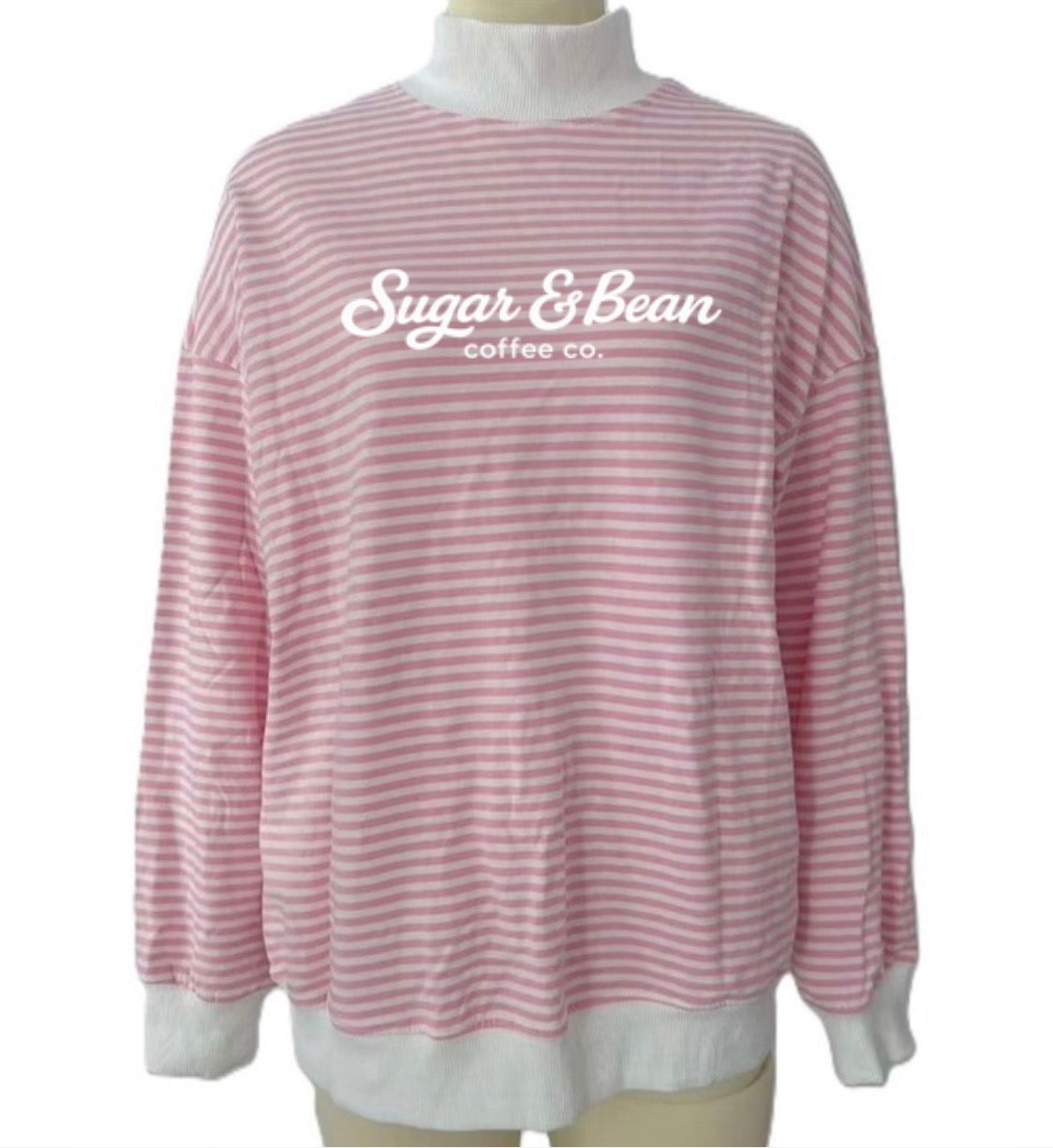 Sugar & Bean coffee co. mock neck pink white stripe