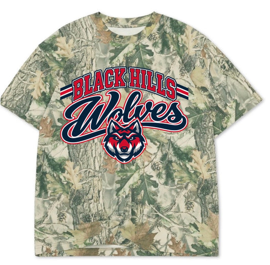 Black hills wolves boxy premium wood camo tee (youth XS-Adult 3XL)