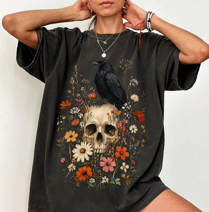 Skull, floral & crow  (tee shirt, crewneck or hoodie)