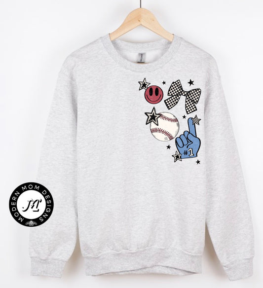 Corner baseball detail (tee, crewneck, or hoodie)