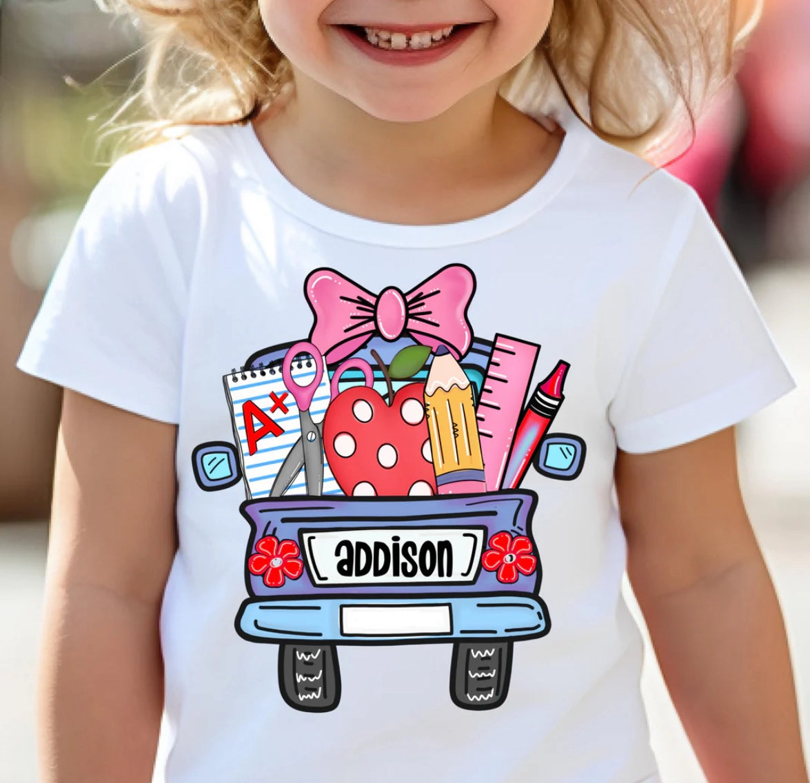 Personalized car filled with school supplies