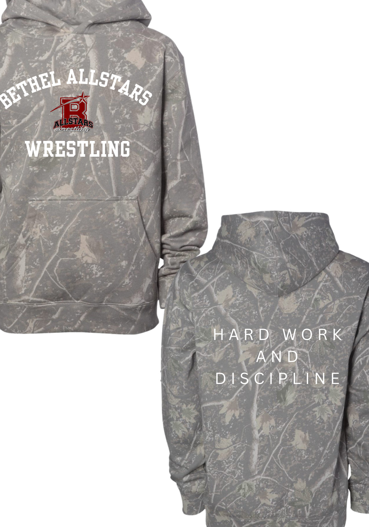 Bethel allstars wrestling deadwood camo hoodie (youth & adult-no drawstrings)