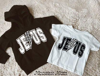 Jesus checkered bolt black (2T-youth XL)-tee, crewneck, or hoodie