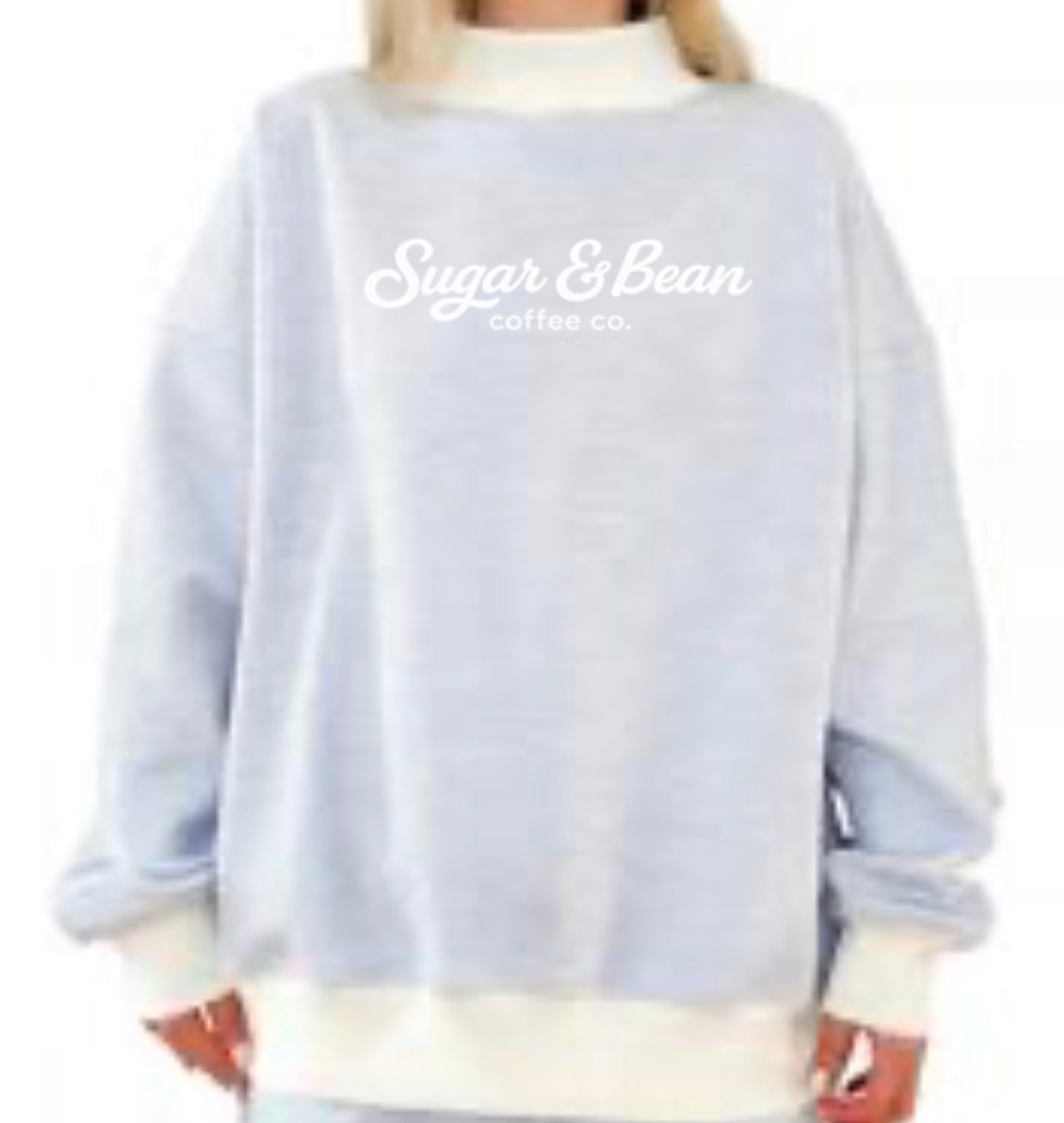 Sugar & Bean coffee co. mock neck blue white stripe