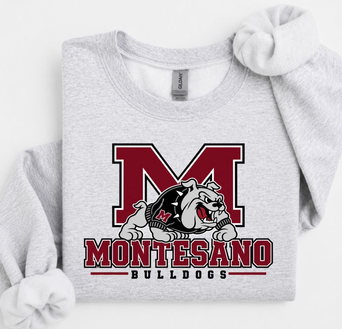 Montesano Bulldogs grey crewneck or hoodie (front logo only)