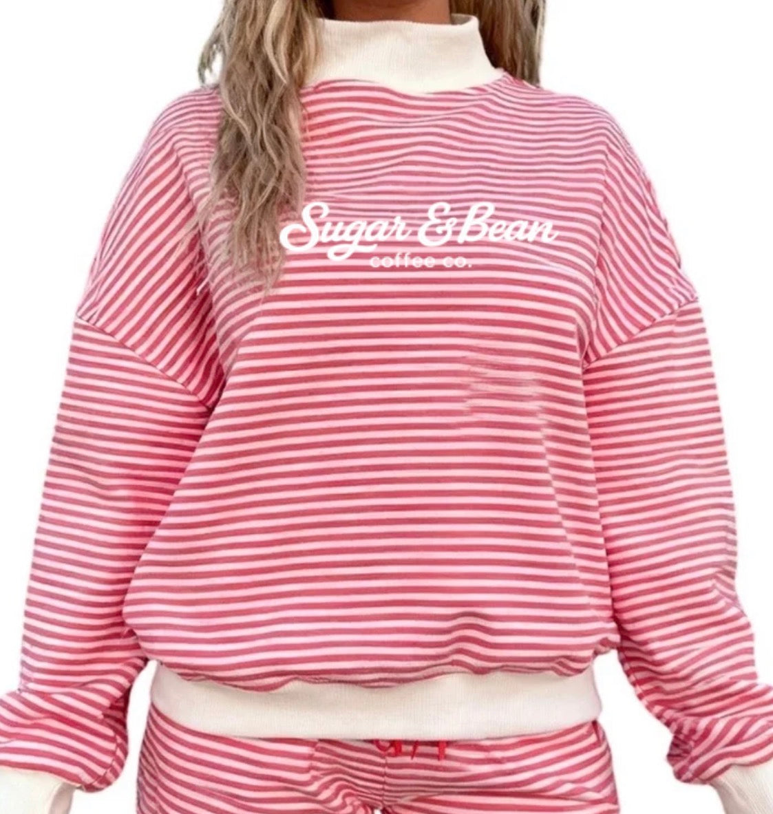 Sugar & Bean coffee co. mock neck red white stripe