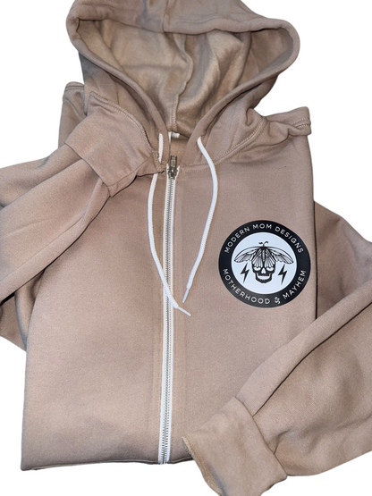 Motherhood & Mayhem re-brand zip up Tan