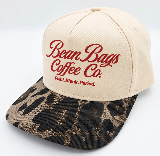 Bean Bags Coffee Co. Point. Blank. Period. Leopard trucker