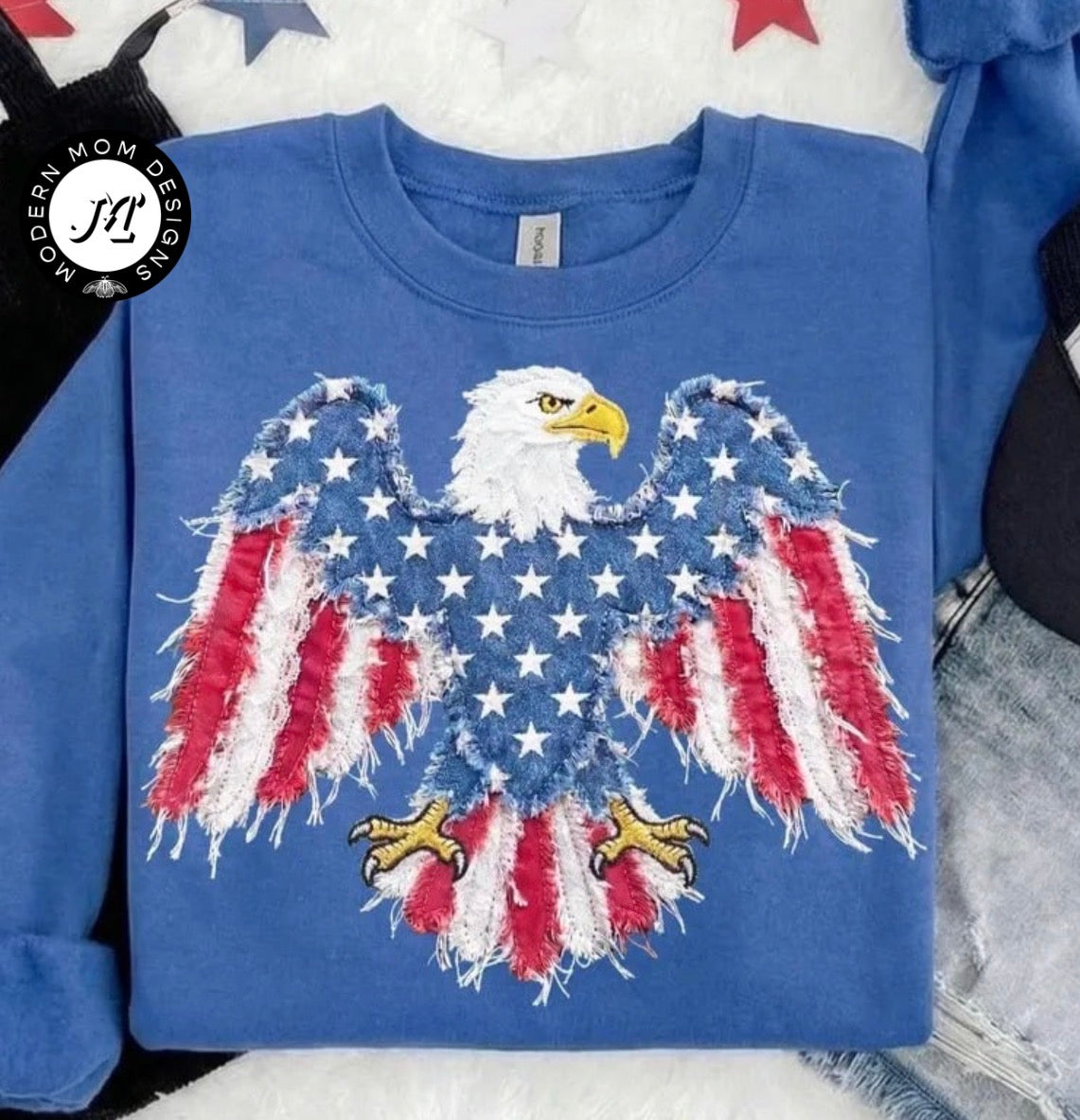 Faux patchwork eagle (tee, crewneck, or hoodie)