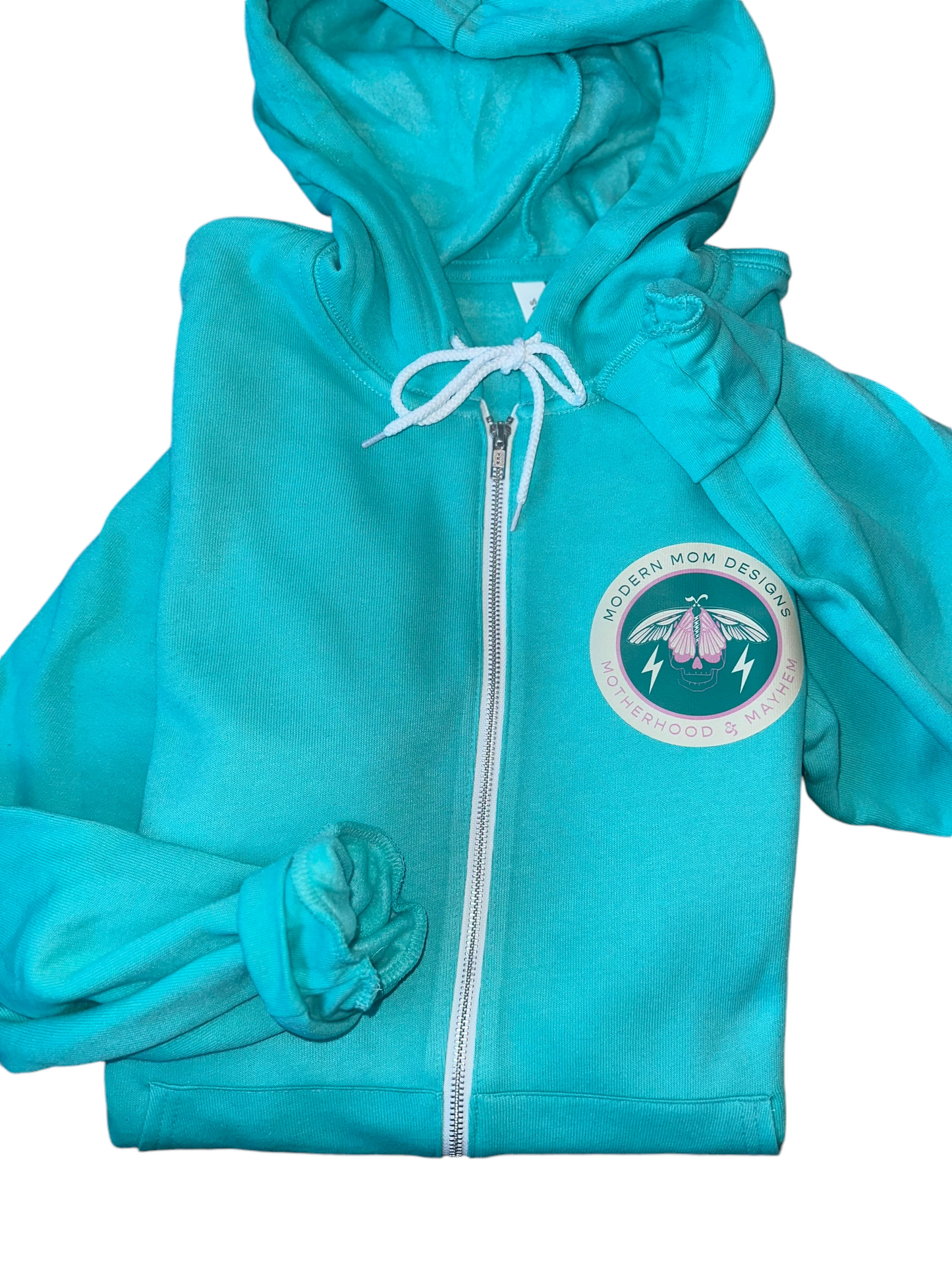 Motherhood & Mayhem re-brand zip up teal