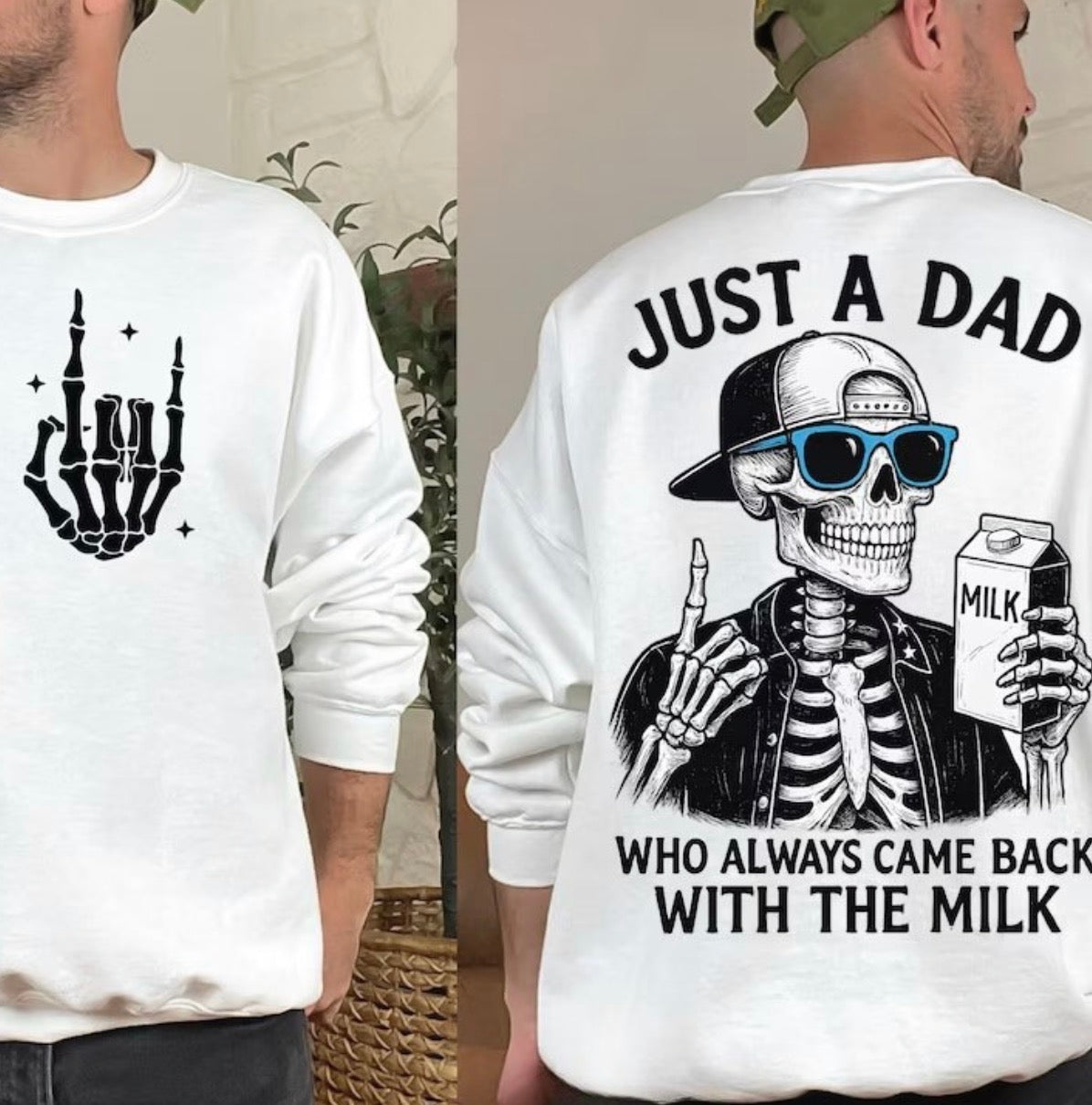 Just a dad who always came back with the milk (tee shirt, crewneck or hoodie)