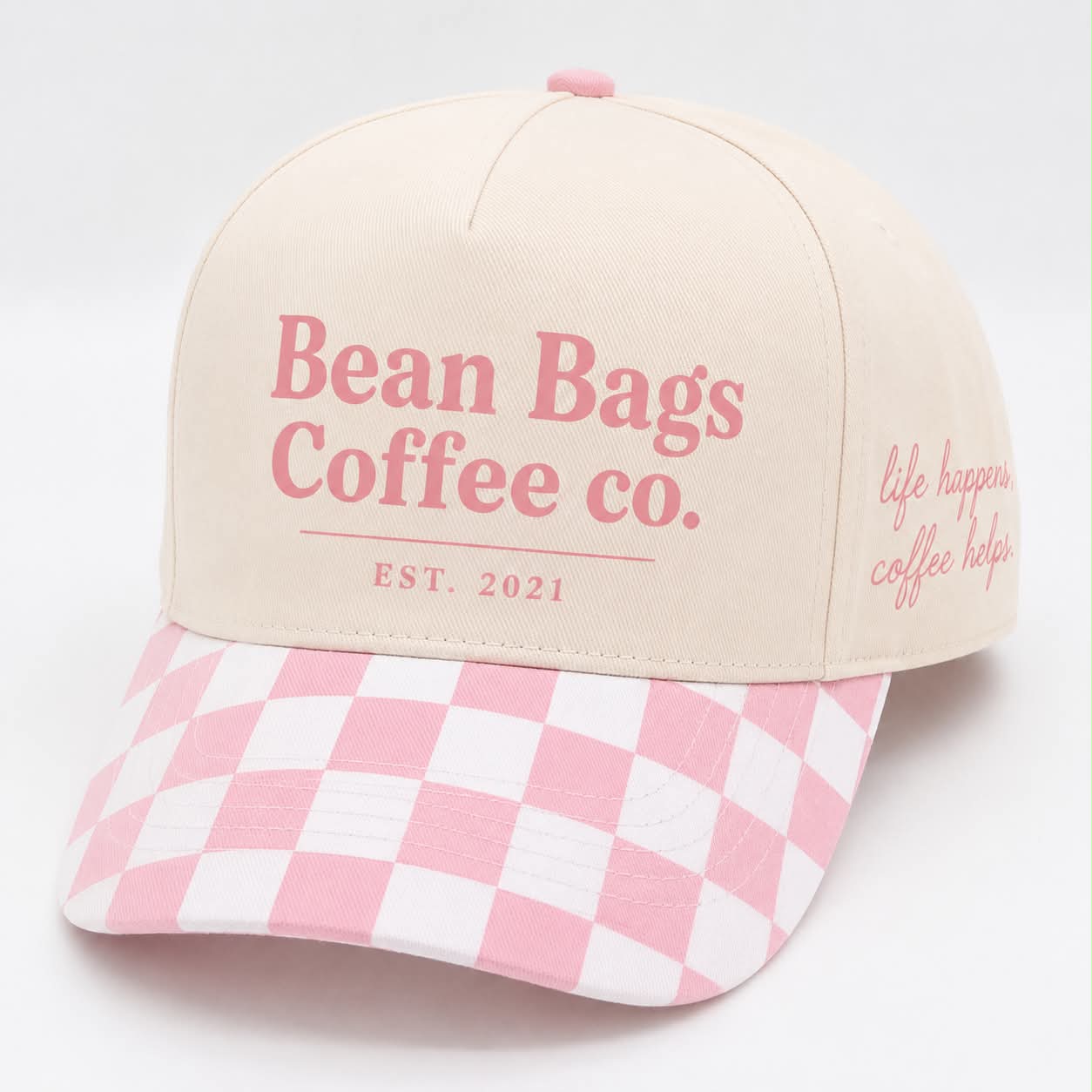 Bean Bags Coffee Co. life happens. Coffee helps. Pink checker