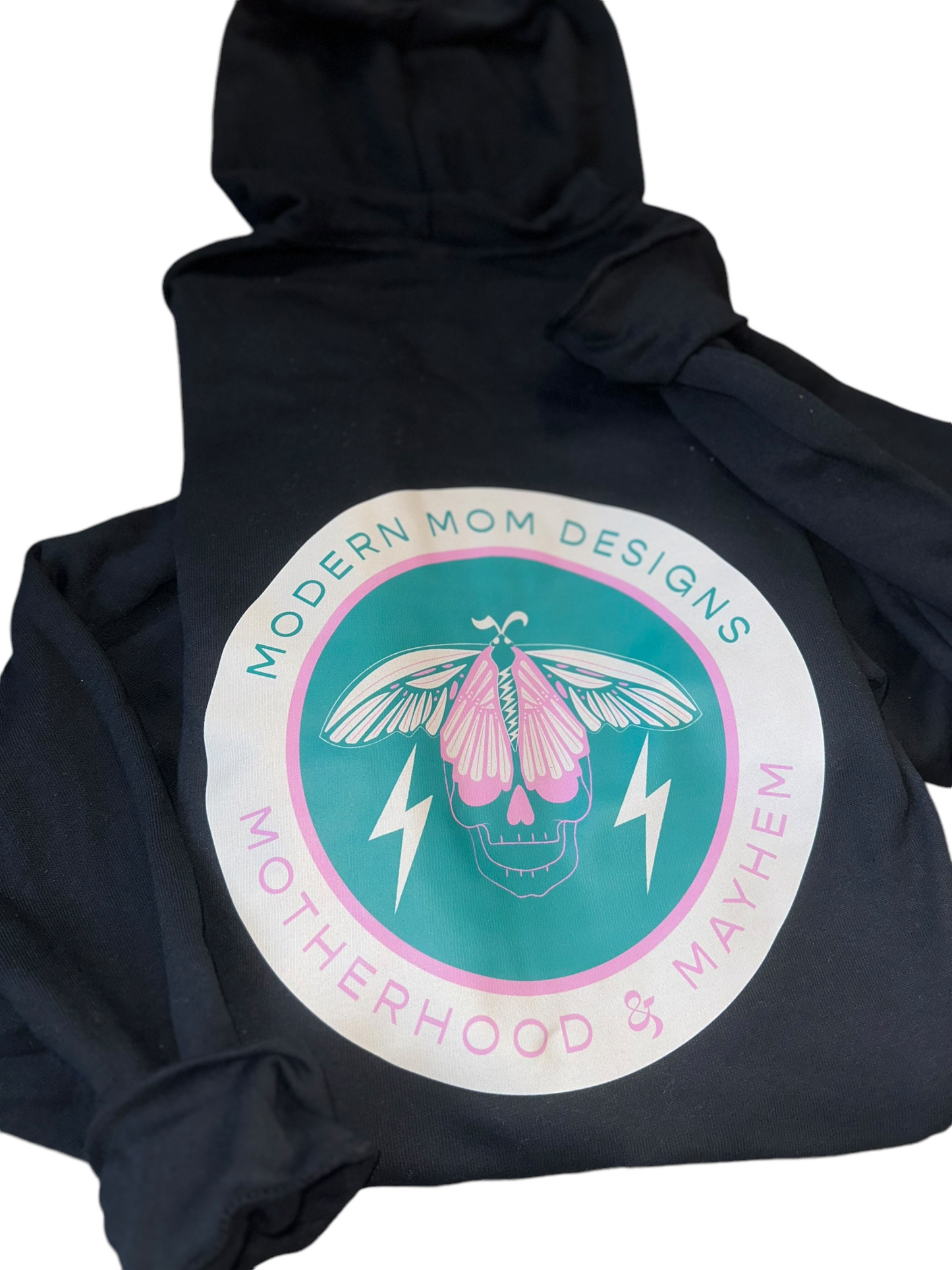 Motherhood & Mayhem re-brand zip up black w/ teal