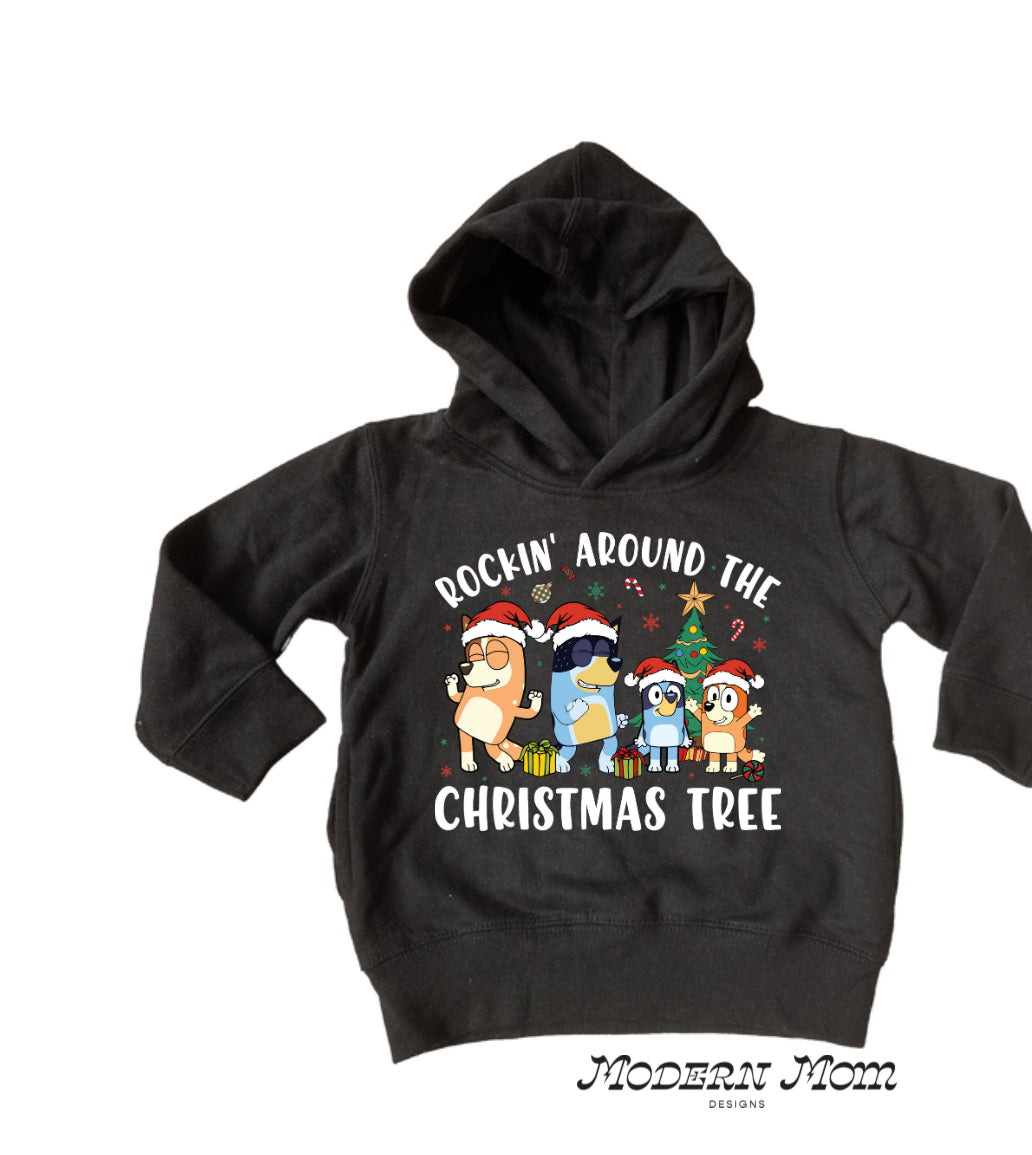 Rockin’around the christmas tree blue dog (2T-youth XL)-tee, crewneck, or hoodie