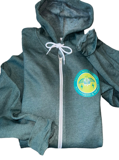 Motherhood & Mayhem re-brand zip up Heather forest green