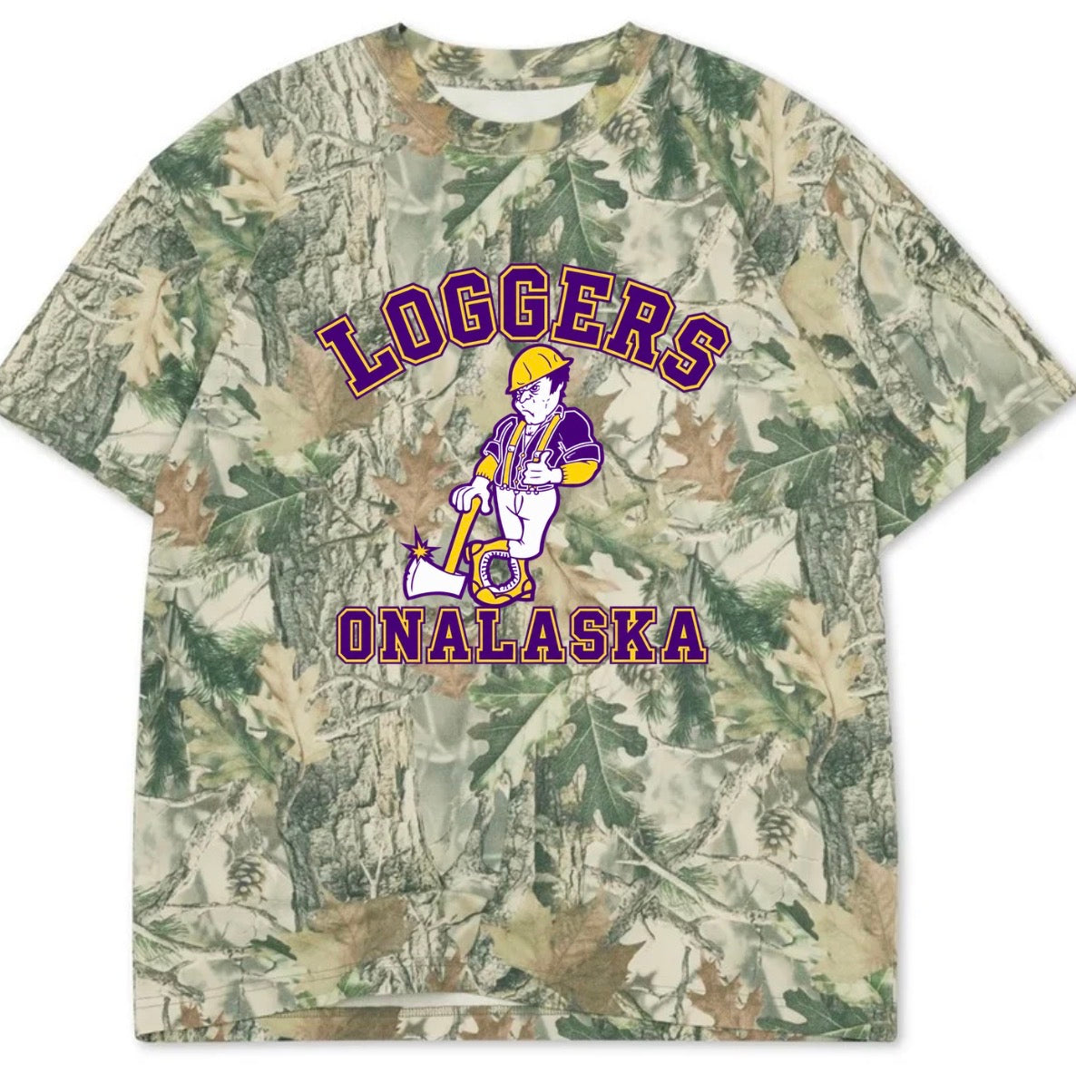 Onalaska Loggers boxy premium wood camo tee (youth XS-Adult 3XL)