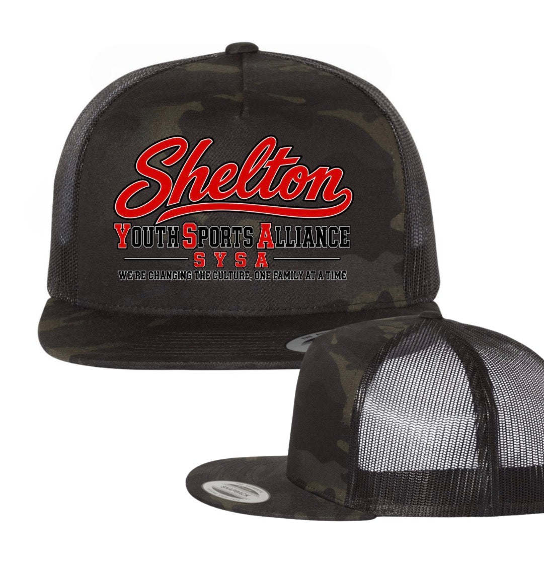 Shelton WA SYSA flat bill camo hat (screen print)