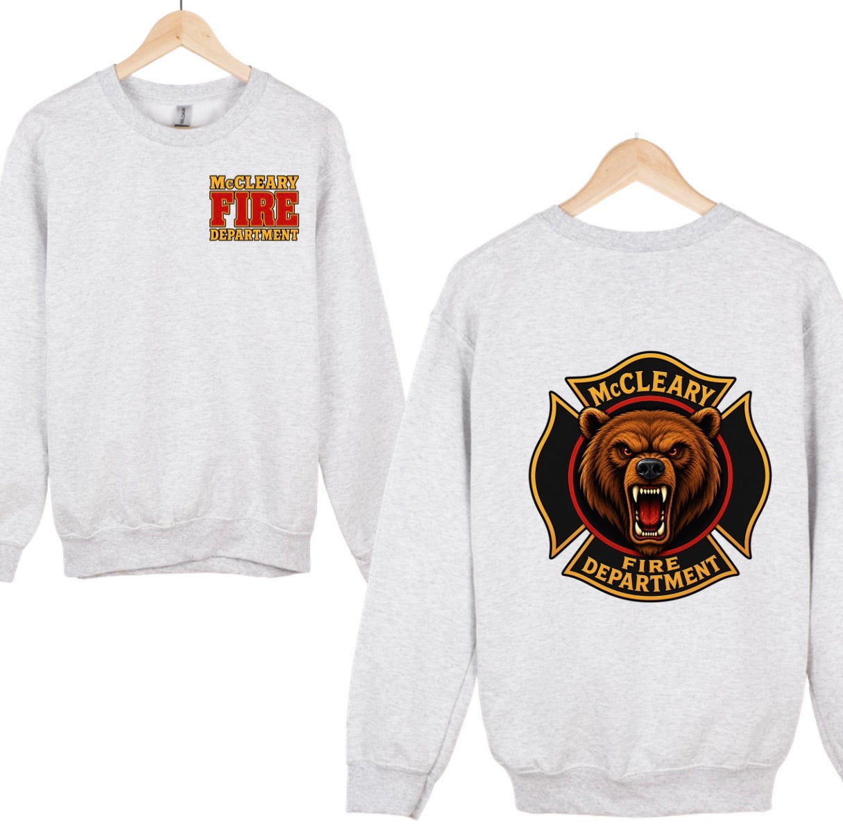 McCleary Fire Dept. crewneck or hoodie GREY (bear logo on back)