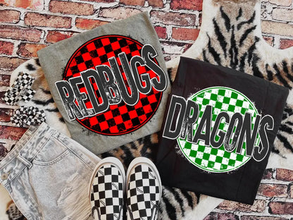 School mascot. Checkered circle note: name, mascot & school colors (tee, crewneck or hoodie)