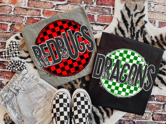 School mascot. Checkered circle note: name, mascot & school colors (tee, crewneck or hoodie)