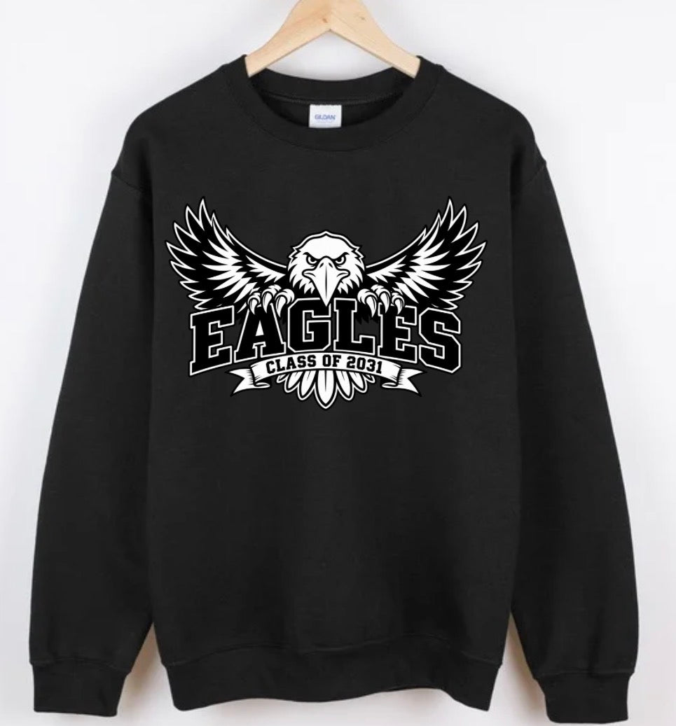 ELMA EAGLES  class of 2031 black crewneck or hoodie (front logo only)