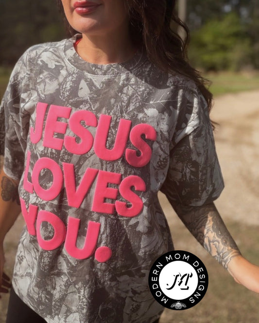 Jesus loves you. Grey camo tee (3D puff print)