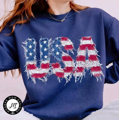 USA faux tattered fabric (tee shirt, crewneck or hoodie)