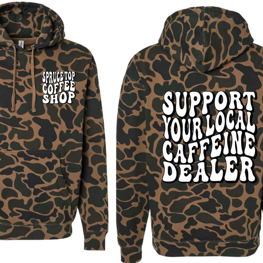 Spruce top coffee shop duck camo bubble “support your local caffeine dealer”  hoodie