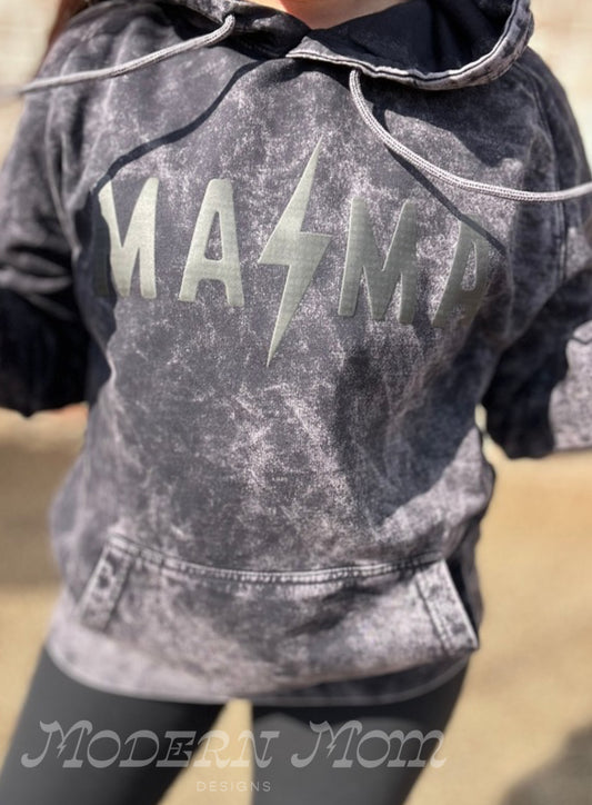 Black vintage acid wash MAMA bolt (3D print) hoodie