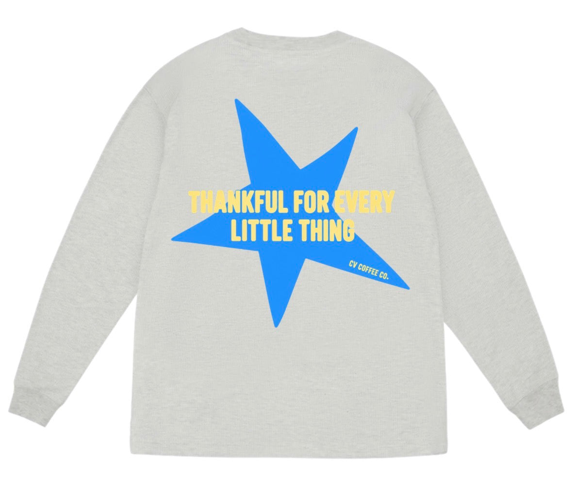 CVCC: Heather grey “Thankful for every little thing” waffle knit longsleeve