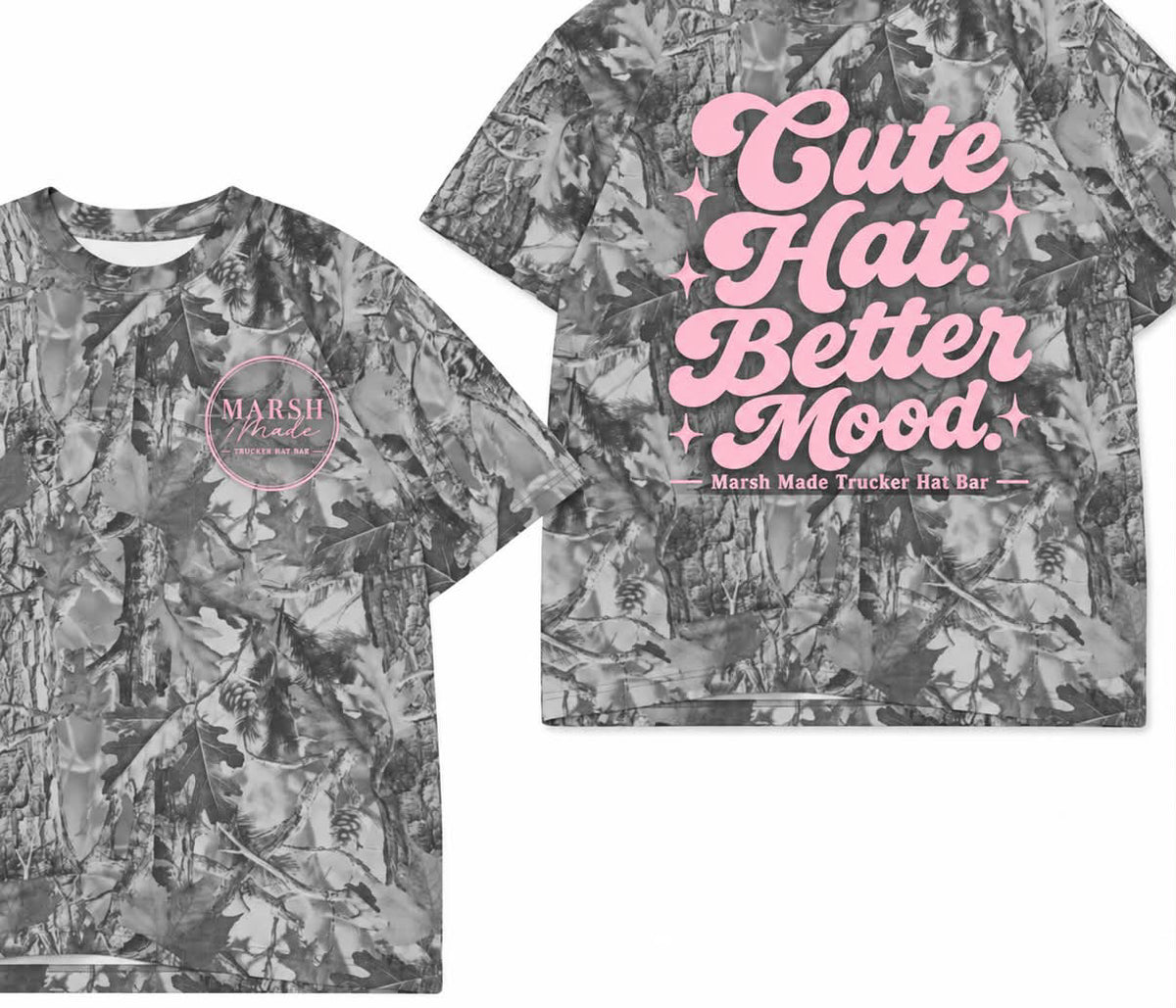 Custom: Marsh Made Cute hat better mood boxy premium grey camo tee (youth XS-Adult 4XL)