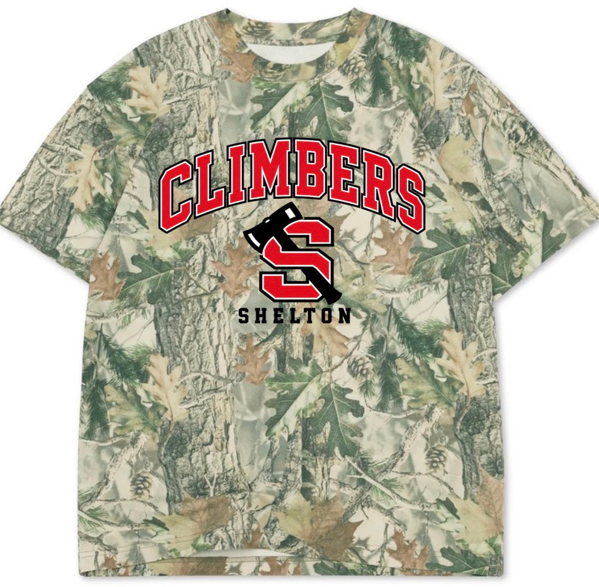 Shelton Climbers boxy premium wood camo tee (youth XS-Adult 3XL)
