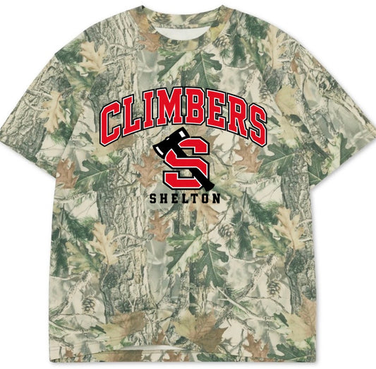 Shelton Climbers boxy premium wood camo tee (youth XS-Adult 3XL)