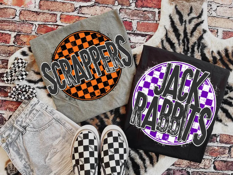 School mascot. Checkered circle note: name, mascot & school colors (tee, crewneck or hoodie)