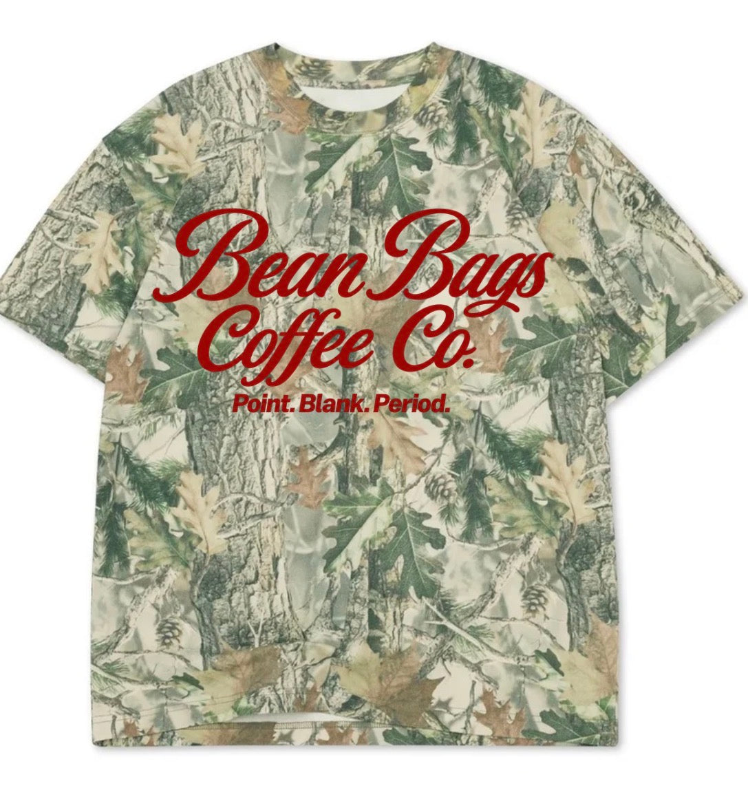 Bean bags coffee co. Wood camo tee W/ red font