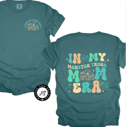In my monster truck mom era yellow & teal print (tee, crewneck, & hoodie)