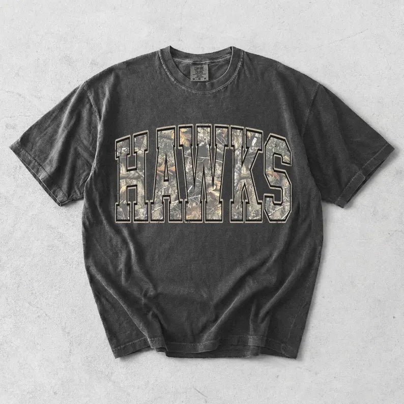 Hawk camo print (tee, crewneck or hoodie)