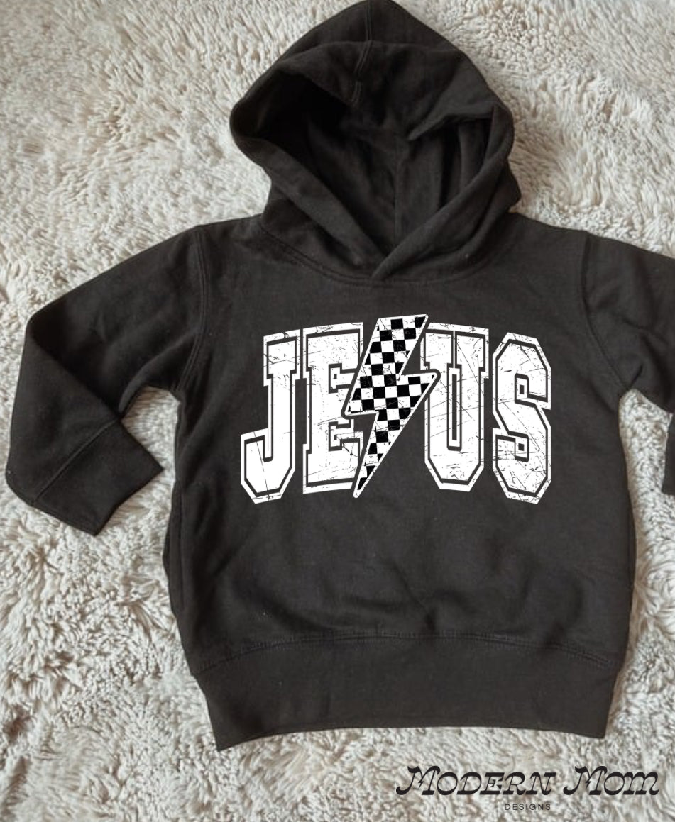 Jesus checkered bolt black (2T-youth XL)-tee, crewneck, or hoodie