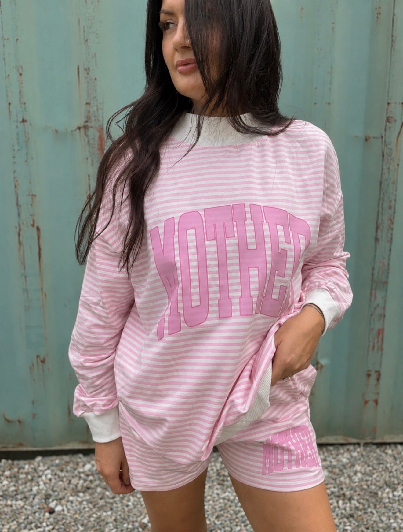 Mother pink striped mock neck