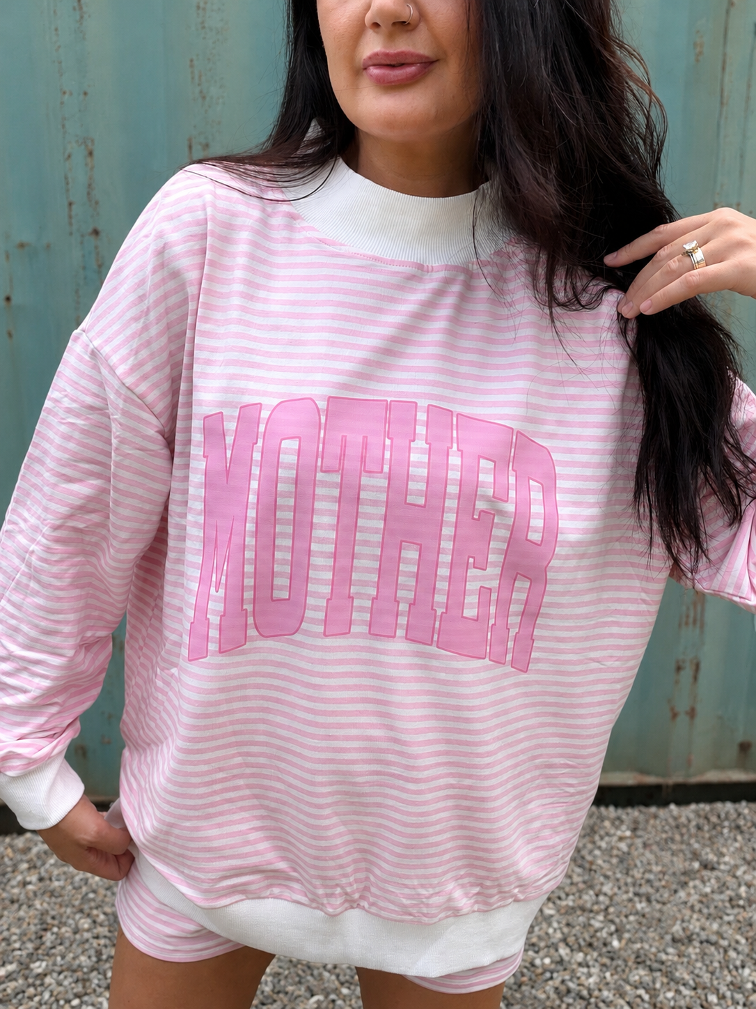 Mother pink striped mock neck