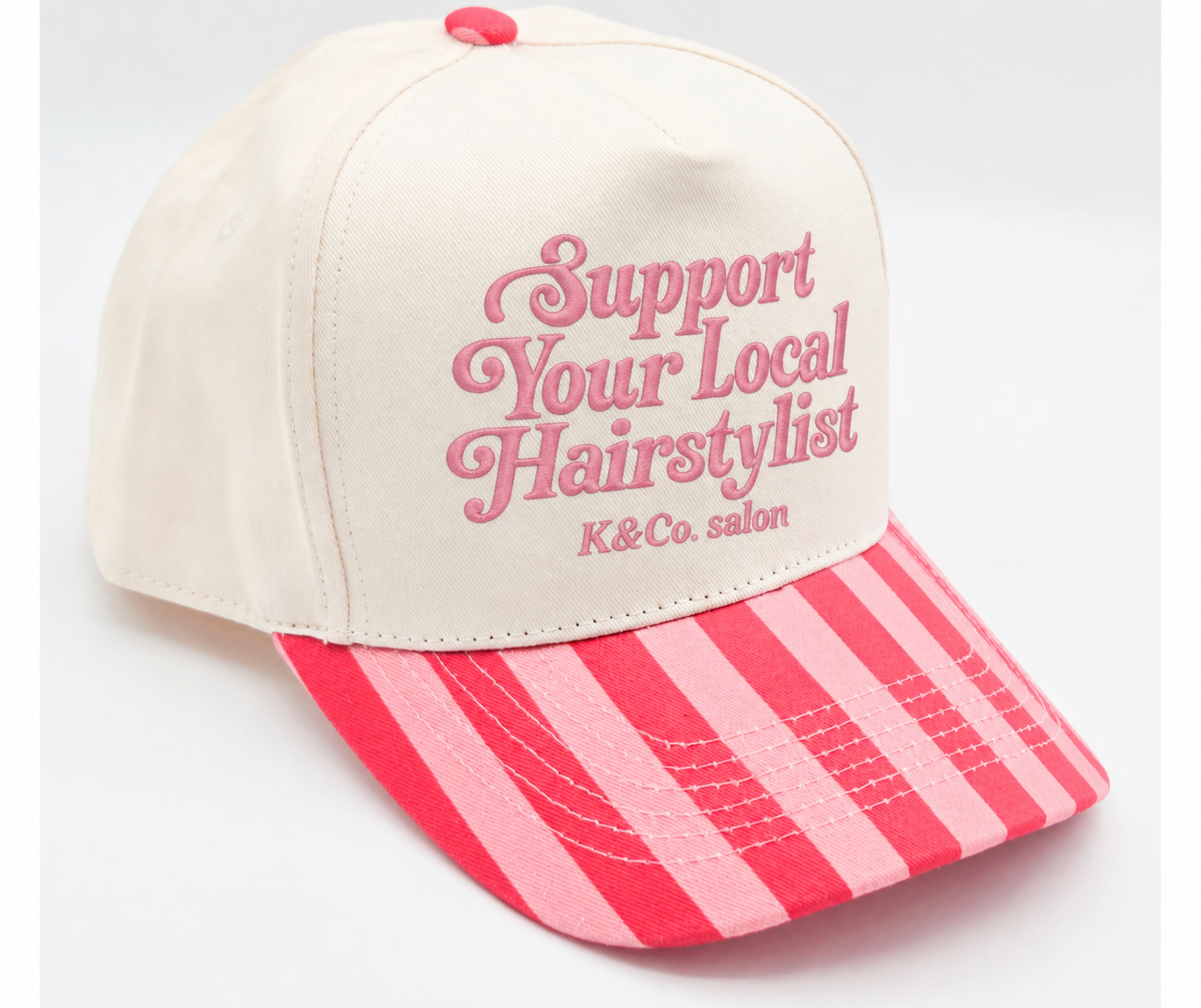 K&Co. salon Support your local hairstylist striped trucker