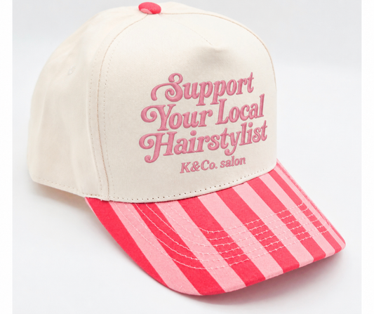 K&Co. salon Support your local hairstylist striped trucker