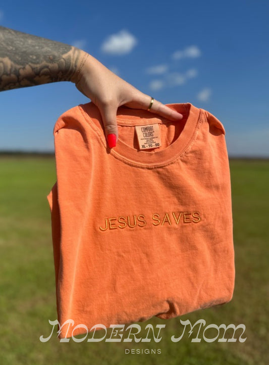 Monochrome Jesus saved embroidery comfort colors tee