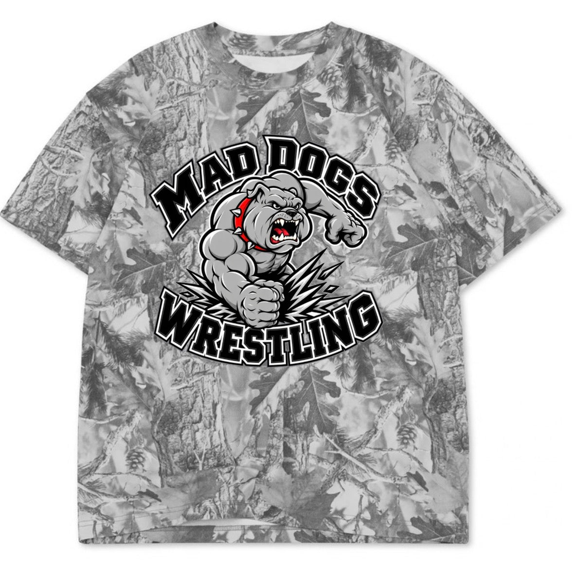 Mad Dogs wrestling boxy premium grey camo tee (youth XS-Adult 3XL)