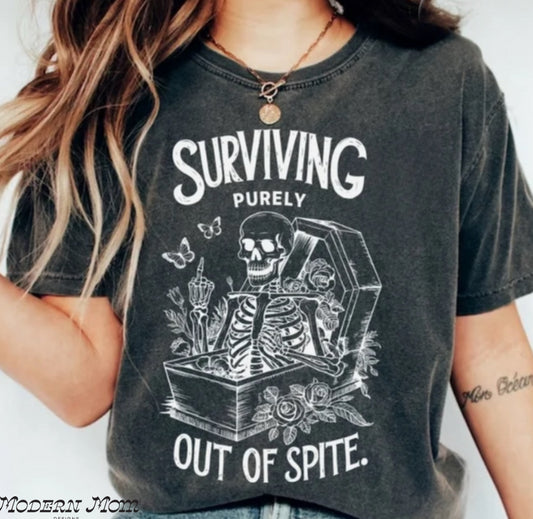 Surviving purely out of spite (pepper/vintage black) (tee, crewneck or hoodie )