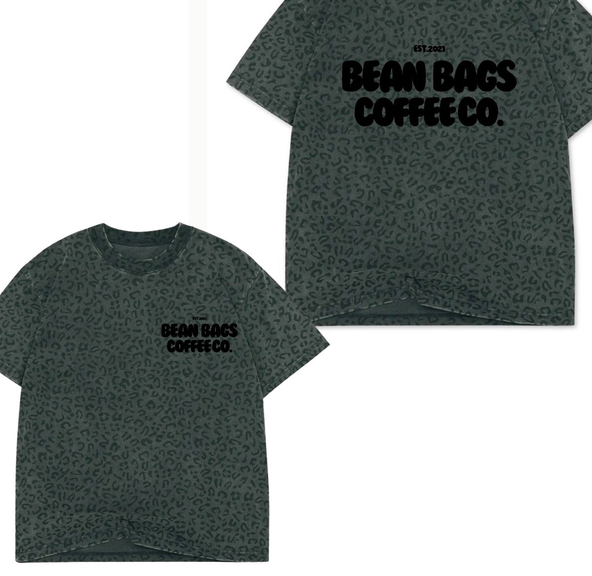 Bean bags coffee co. Black leopard tee W/ black font