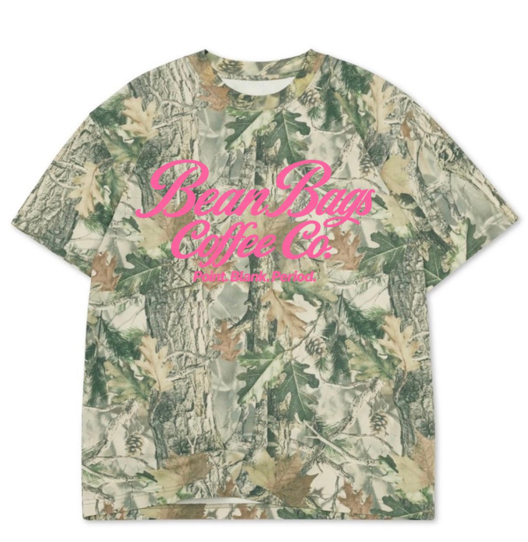 Bean bags coffee co. Wood camo tee W/ pink font
