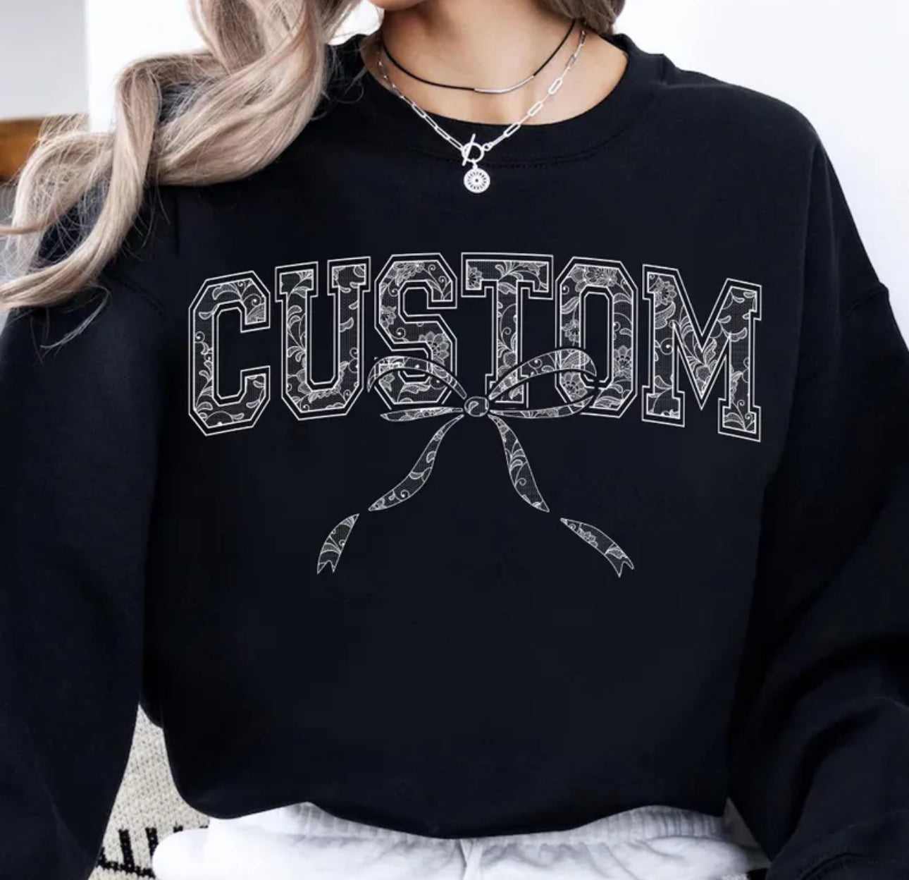 CUSTOM BOW lace print crewneck